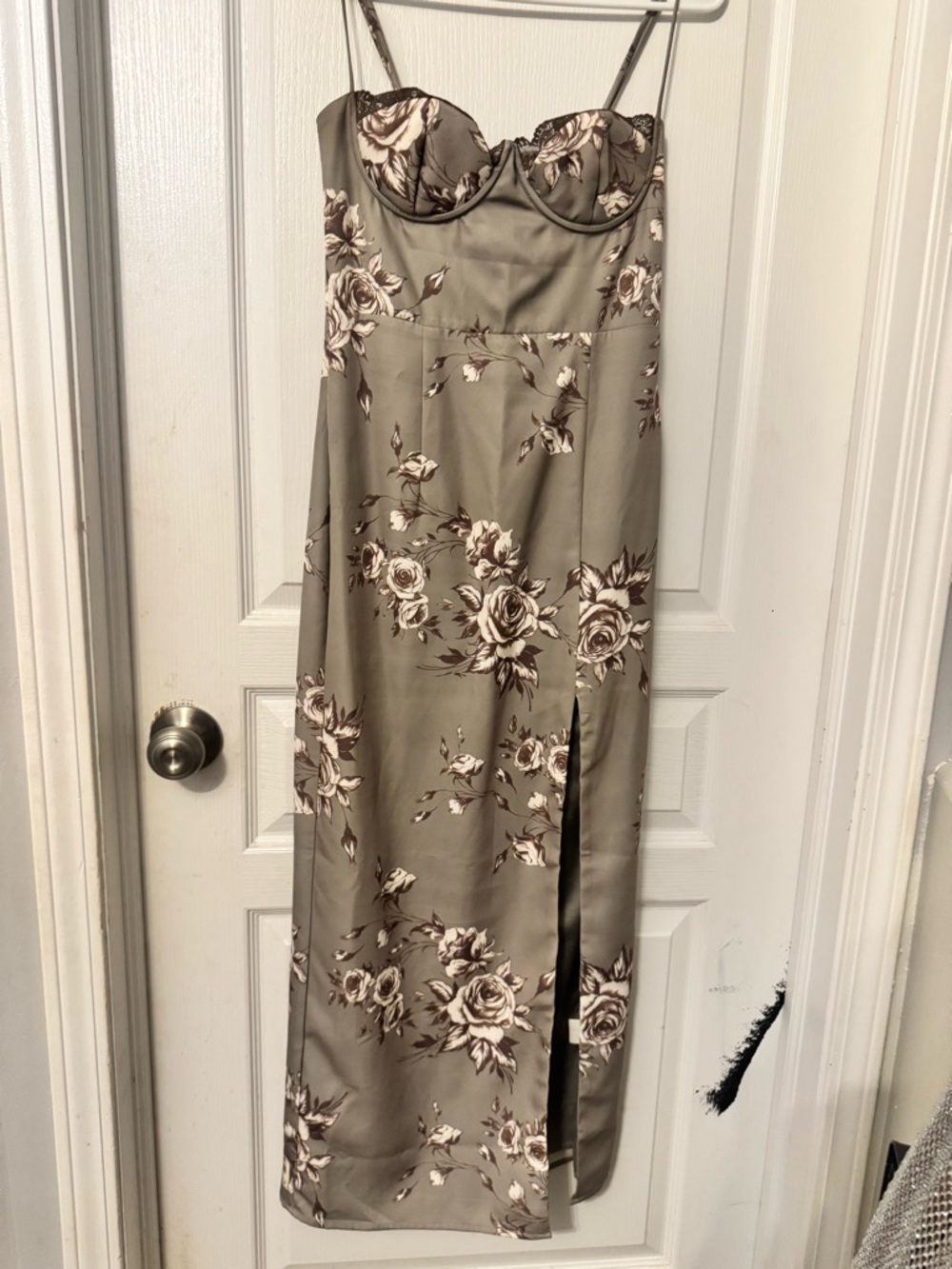 Sage Floral Lace-Trim Slip Dress with Thigh Slit - Picture 5 of 6